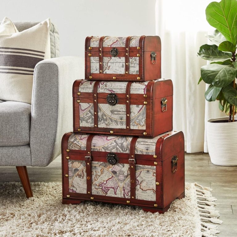 antique wooden storage chest with map pattern